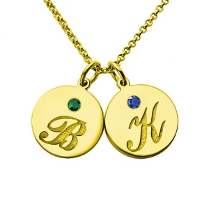 Engraved Initial & Birthstone Disc Charm Necklace 18k Gold Plated