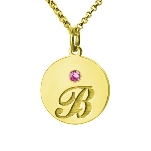 Engraved Initial & Birthstone Disc Charm Necklace 18k Gold Plated