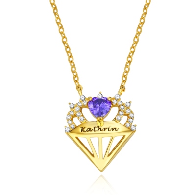 Personalized Name Crown Necklace with Heart Birthstone, Sterling Silver 925 Dainty Jewelry, Valentine's Day/Birthday Gift for Her/Wife/Mom/Women