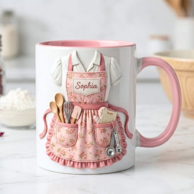 Tasse tablier de cuisine florale 3D personnalisée avec nom, tasse à café/chocolat chaud en céramique avec accessoires réalistes, cadeau pour la fête des mères, maman pâtissière