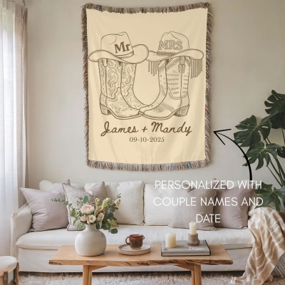 Couverture de mariage personnalisée sur le thème western avec pompons, motif bottes de cowboy « Monsieur et Madame », jeté de lit/canapé, cadeau d'anniversaire/mariage pour les mariées/jeunes mariés