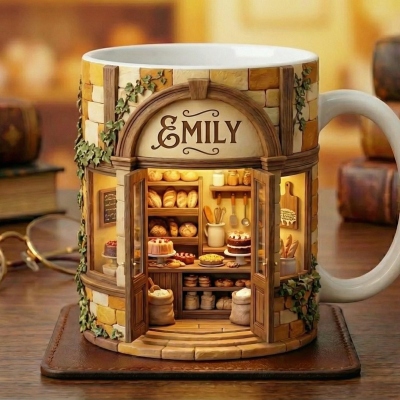 Gepersonaliseerde mini-bakkerijmok met naam, schattige mok met bakkerij-illustratie, tweekleurige keramische koffiemok van 325 ml/440 ml, verjaardagscadeau voor een bakliefhebber.