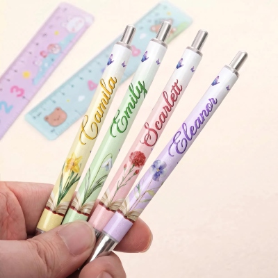 Personalized Name Birth Flower Book Design Gel Pen, Retractable Ballpoint Pen, Birthday/Graduation/Back to School Gift for Students/Teachers/Women