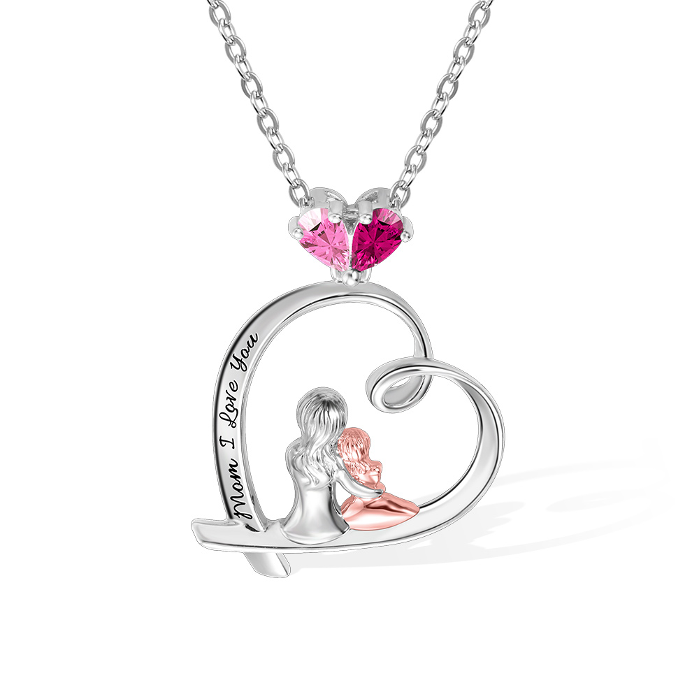 Personalized Birthstone Heart Necklace, Character Necklace with Mother and Child, Mother's Day Gift for New Mom/Mother/Grandmother/Wife