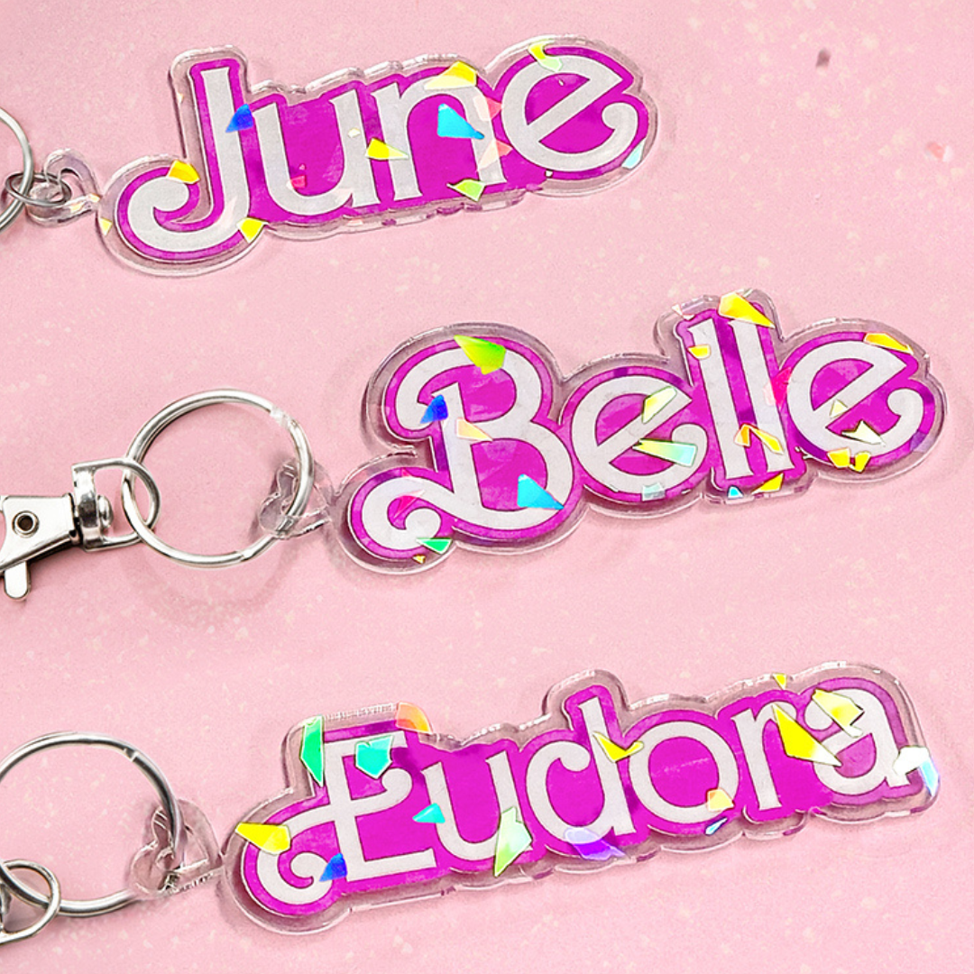 Custom Pink Style Name Keychain, Acrylic Doll Inspired Keyring Backpack Tag, Birthday/Graduation/Christmas/Bridal Party Gift for Women/Girls/Friends