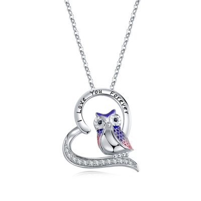 Personalized Engraved Owl Heart Necklace with Cubic Zirconia, Sterling Silver 925 Women's Jewelry, Birthday/Mother's Day Gift for Her/Mom/Grandma