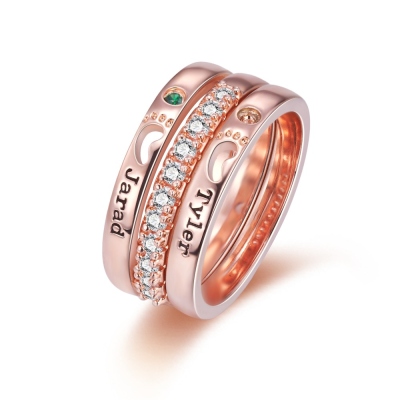 Personalized Double Name & Birthstone Stacking Ring, Footprint Memorial Ring, Women's Jewelry, Mother's Day/Birthday Gift for Mom/Her
