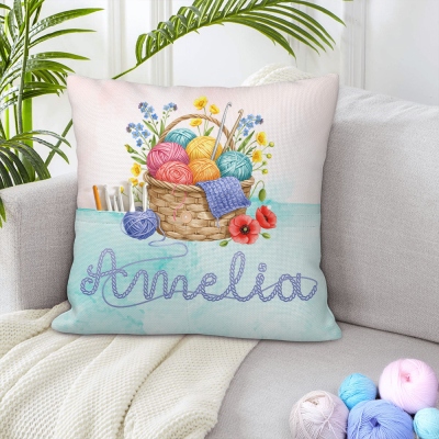 Custom Name Watercolor Floral Yarn Basket Pocket Throw Pillow Cover, Pillowcase with Optional Insert, Home Decor, Gift for Crocheters/Knitting Lovers