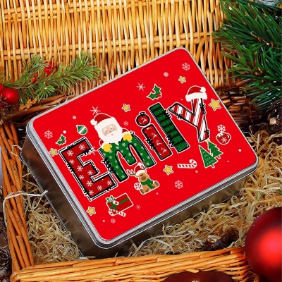 Personalized Name Cartoon Christmas Theme Treat Tin with Lid, Biscuit Box, Tinplate Container, Holiday Party Favor, Christmas Gift for Kids/Family