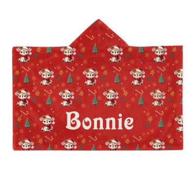 Personalisierte Weihnachts-Cartoon-Tiere, weiche Kapuzendecke mit Namen, mehrfarbige Weihnachts-Kapuzendecke, Weihnachtsgeschenk für Kinder