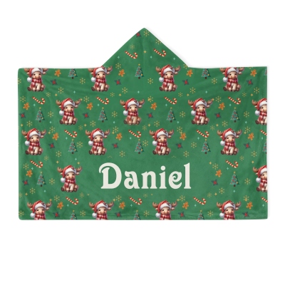 Personalisierte Weihnachts-Cartoon-Tiere, weiche Kapuzendecke mit Namen, mehrfarbige Weihnachts-Kapuzendecke, Weihnachtsgeschenk für Kinder
