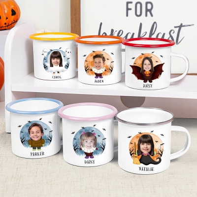 Custom Name Face Photo Kid in Halloween Costume Enamel Mug, 12oz Shatterproof Cup with Handle, Trick-or-Treat Mug, Halloween Gift for Kids/Boys/Girls