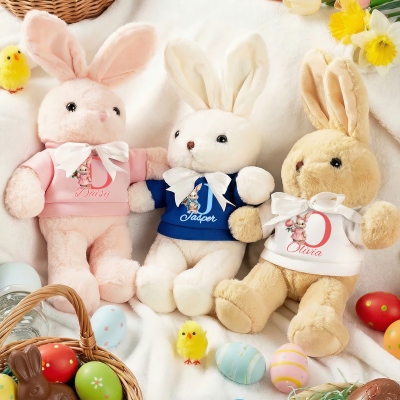 Custom Name & Initial Watercolor Birth Flower Rabbit Design Bunny Doll Toy, Stuffed Plush Rabbit, Baby Shower/Birthday/Easter Gift for Newborns/Kids