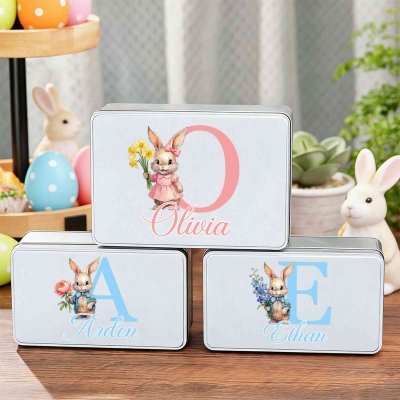 Custom Name Initial Watercolor Birth Flower Bunny Easter Treat Tin with Lid, Biscuit Box, Tinplate Container, Easter Party Favor, Easter Gift for Kids