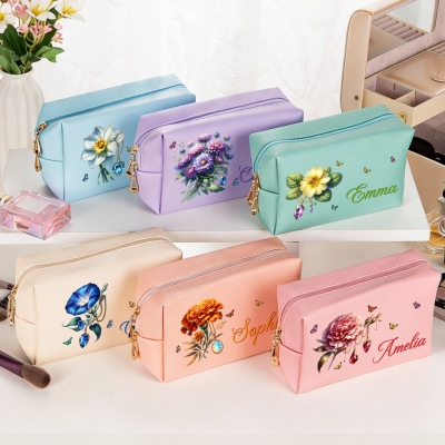 Personalized Name Gemstone Birth Flower Makeup Bag, PU Leather Toiletry Bag with Zipper, Travel Essential, Birthday/Wedding Gift for Women/Bridesmaids
