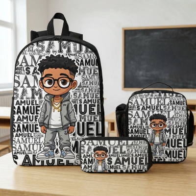 Custom Name Word Cloud Afro Boy Backpack with Pencil Case & Lunch Bag, Large Capacity School Bag Set, Birthday/Back to School Gift for Black Boys