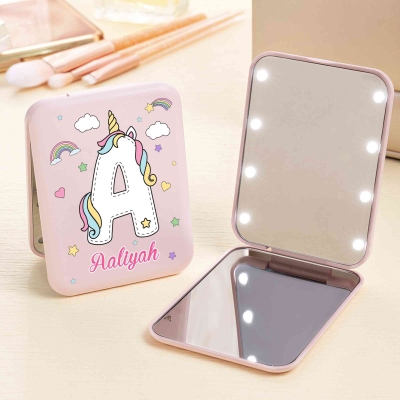 Personalized Name Rainbow Fantasy Unicorn Alphabet LED Travel Makeup Mirror, 1x/2x Magnifying Dual Compact Mirror,  Gift for Her/Girls/Bridesmaids