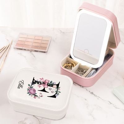 Custom Name Floral Bow Pearl Alphabet Makeup Box with 3-Color LED Light Mirror, Travel Makeup Jewelry Box, Birthday/Wedding Gift for Women/Bridesmaids