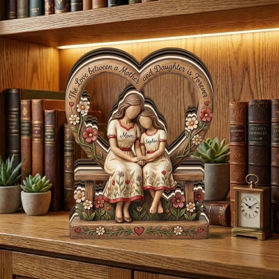 Personalisierte herzförmige Gedenktafel für Mutter und Tochter mit Namen, Holzskulptur mit Sockel, Erinnerungsstück, Muttertagsgeschenk für Mama/Oma/Sie