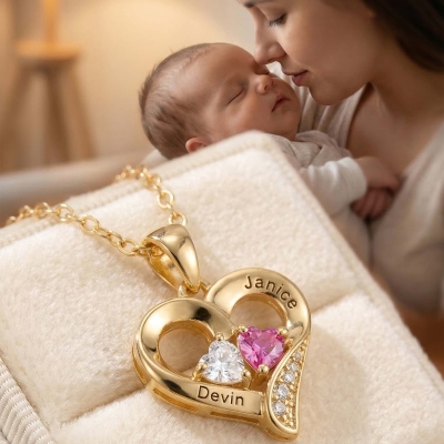 Personalized Heart Pendant Necklace with Two Birthstones & Names, Dainty Women's Jewelry, Mother's Day/Anniversary Gift for Her/Mom/Grandma
