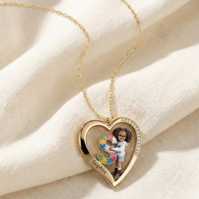 Personalized Photo Autism Awareness Heart Alphabet Necklace, Cartoon Puzzle Portrait Pendant, Anniversary/Birthday Gift for Autism Family/Kids/Parents