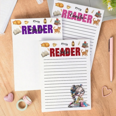 Notizblock mit personalisiertem Namen und Cartoon-Motiv (lesendes Mädchen), 40/80 Seiten, Tagebuch, Notizplaner, Geburtstags-/Schulanfangsgeschenk für Mädchen/Schülerinnen