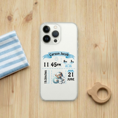 Personalized Name Bear Design Baby Birth Stats Phone Case, Double Layer TPU Phone Case for iPhone, Baby Shower/Mother's Day Gift for New Mom