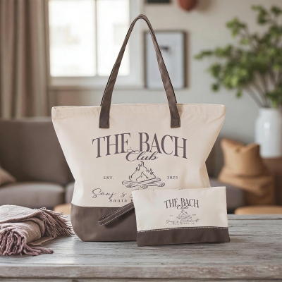 Custom Bach Club Tote Bag & Pouch Set, Canvas Vintage Beach Travel Handbag, Bachelorette Party Favor, Bridal Shower/Wedding Gift for Her/Bridesmaid