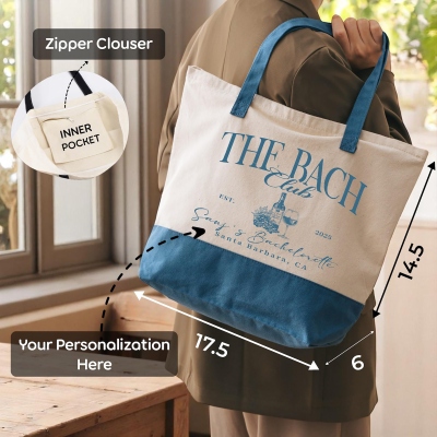 Custom Bach Club Tote Bag & Pouch Set, Canvas Vintage Beach Travel Handbag, Bachelorette Party Favor, Bridal Shower/Wedding Gift for Her/Bridesmaid