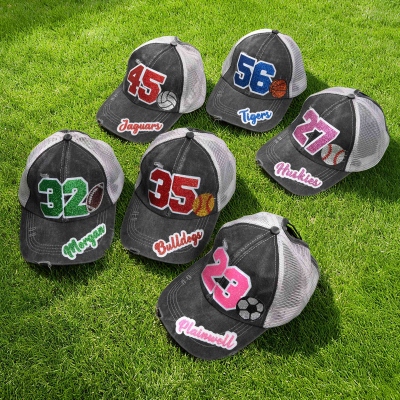 Personalized Name & Number Glitter Sports Ball Design Mesh Back Cap, Soccer/Baseball/Basketball Hat, Game Day/Birthday Gift for Sports Lovers/Players