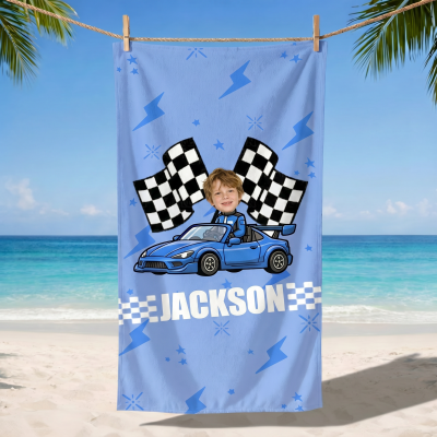 Custom Name Face Photo Cartoon Racing Character Beach Towel with Drawstring Bag, Quick Dry Microfiber Pool Towel, Vacation Gift for Kids/Racing Fans