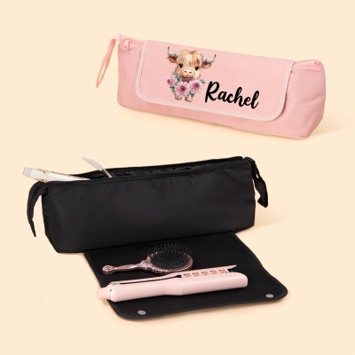 Custom Name Birth Flower Highland Cow Hair Tools Storage Bag, Straightener Curling Iron Bag with Heat Resistant Pad, Gift for Highland Cow Lover/Women