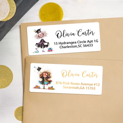 Personalized Cartoon Graduation Girl Stickers with Name, Waterproof Return Address Labels, Celebration Grad Party DIY Decor, Gift for Graduates/Girls
