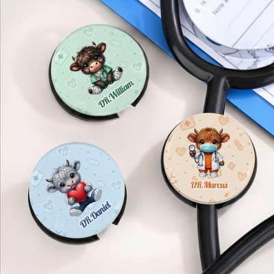 Custom Name Cartoon Medical Highland Cow Stethoscope ID Tag, Cute Stethoscope Charm, Appreciation/Graduation Gift for Nurses/Doctors/Medical Students