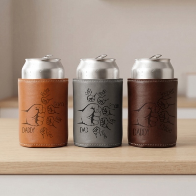 Personalized Dad Fist Bump Leather Can Cooler Sleeve with Kids' Names, Summer Vacation Party Favor, Birthday/Father's Day Gift for Husband/Dad/Grandpa