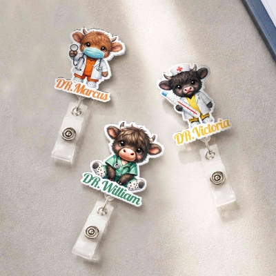 Custom Name Cartoon Medical Highland Cow Badge Reel, Acrylic ID Badge Clip, Appreciation/Graduation/Birthday Gift for Nurses/Doctors/Medical Staff