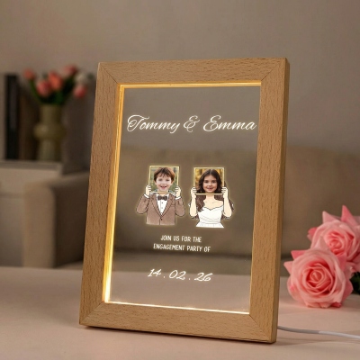 Custom Names & Date Wedding Childhood Photos LED Night Light with Wooden Frame, Acrylic Table Night Lamp, Engagement/Wedding Gift for Newlyweds/Couple