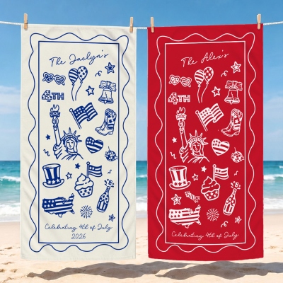 Custom Name Fourth of July Stars and Stripes Beach Towel with Drawstring Bag, Quick Dry Microfiber Pool Towel, Independence Day Gift for Americans