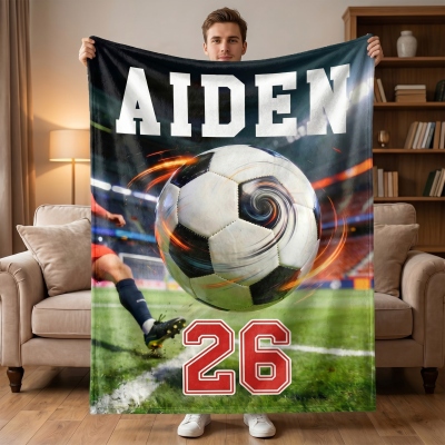 Personlig sportbollfilt med namn och nummer, flanell-/sherpabolldesignad filt för säng/soffa, heminredning, present till sportälskare/spelare