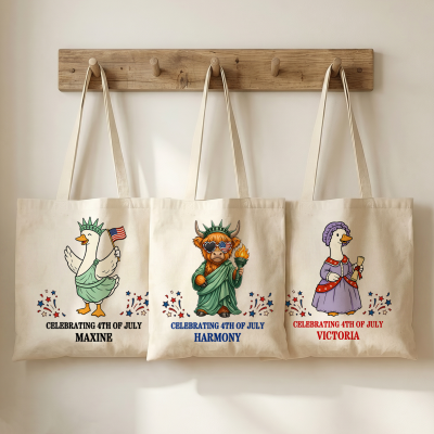 Personalized Name Cartoon Patriotic Highland Cow/Goose Character Canvas Tote Bag, 4th of July Memorial Handbag, Independence Day Gift for Americans