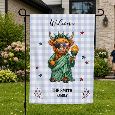 Personalized Name Cartoon Patriotic Highland Cow/Goose Character Garden Flag, 4th of July Outdoor Yard Decor, Independence Day Gift for Americans