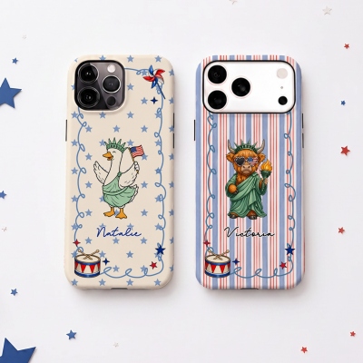 Custom Name Cartoon Patriotic Highland Cow/Goose Character Phone Case, Double Layer TPU Phone Case for iPhone, Independence Day Gift for Americans