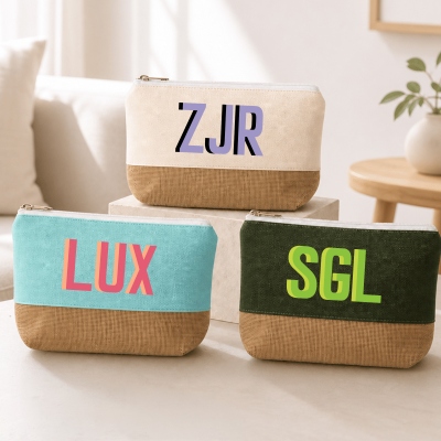 Personalized Contrast Color Monogram Linen Canvas Splicing Cosmetic Bag, Large Capacity Travel Makeup Bag, Birthday/Wedding Gift for Her/Bridesmaids