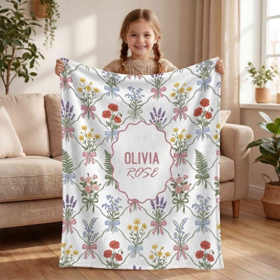 Custom Name Coquette Floral Bow Frame Baby Blanket with Tassels, Soft Flannel Throw, Nursery Decor, Baby Shower/Birthday Gift for Newborns/Toddlers