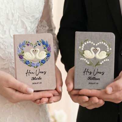 Custom Name & Date Heart Birth Flower Swans Her Vows/His Vows Book Journal, Canvas Linen A6 Romantic Notebook, Engagement/Wedding Gift for Newlyweds
