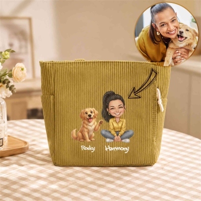 Personalized Name & Photo Cartoon Portrait Corduroy Tote Bag, Large Capacity Zippered Handbag with Side Pockets, Birthday/Memorial Gift for Pet Owners