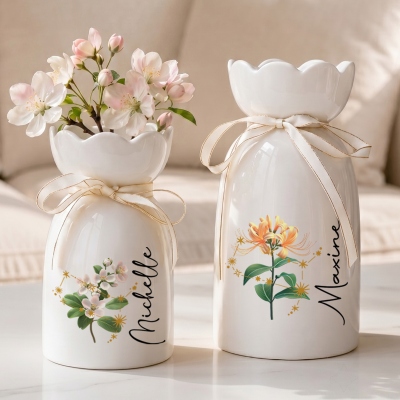 Personalized Name Zodiac Sign Birth Flower Vase, Ceramic Mug Vase with Bow, Home Decor, Birthday/Mother's Day Gift for Her/Mom/Grandma/Women