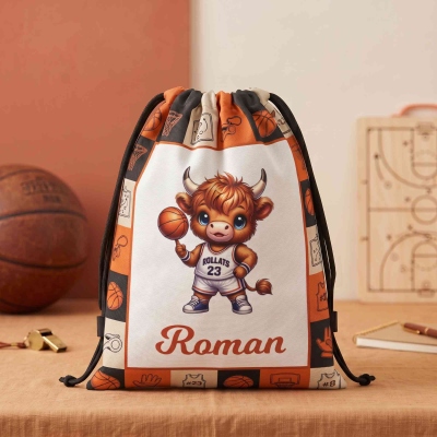Personalized Name Cartoon Sports Highland Cow Character Drawstring Backpack, Large Capacity Game Day Gym Gear Bag, Gift for Sports Lovers/Players