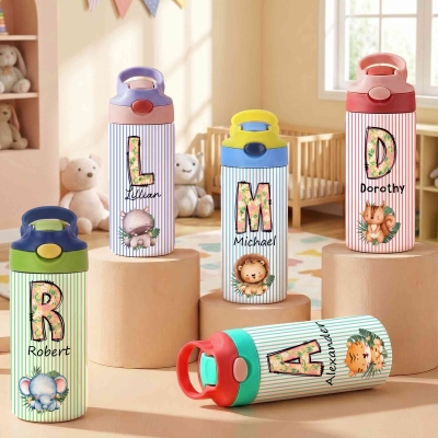 Custom Name Floral Alphabet Jungle Animal Striped Water Bottle, Stainless Steel 12oz Tumbler with Straw & Lid, Back to School/Birthday Gift for Kids