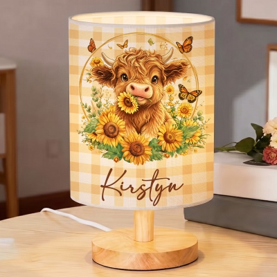 Custom Name Oil Painting Cartoon Sunflower Highland Cow Linen Table Lamp, Home Decor, Housewarming/Birthday Gift for Family/Kids/Highland Cow Lovers